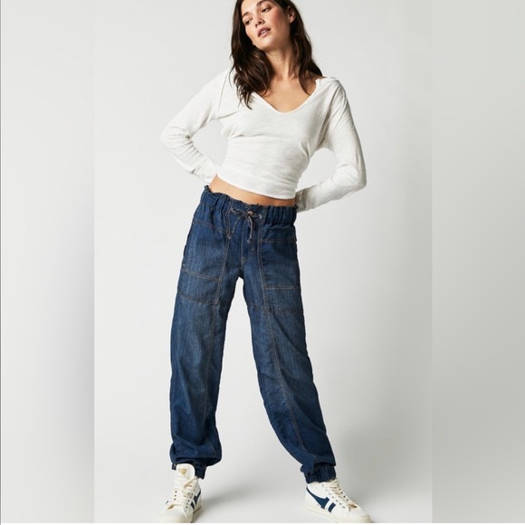 Free People Denim - FREE PEOPLE MEDUIM ANGELO TIE WAIST JEANS LOW RISE SLOUCHY CARGO PULL-ON DENIM